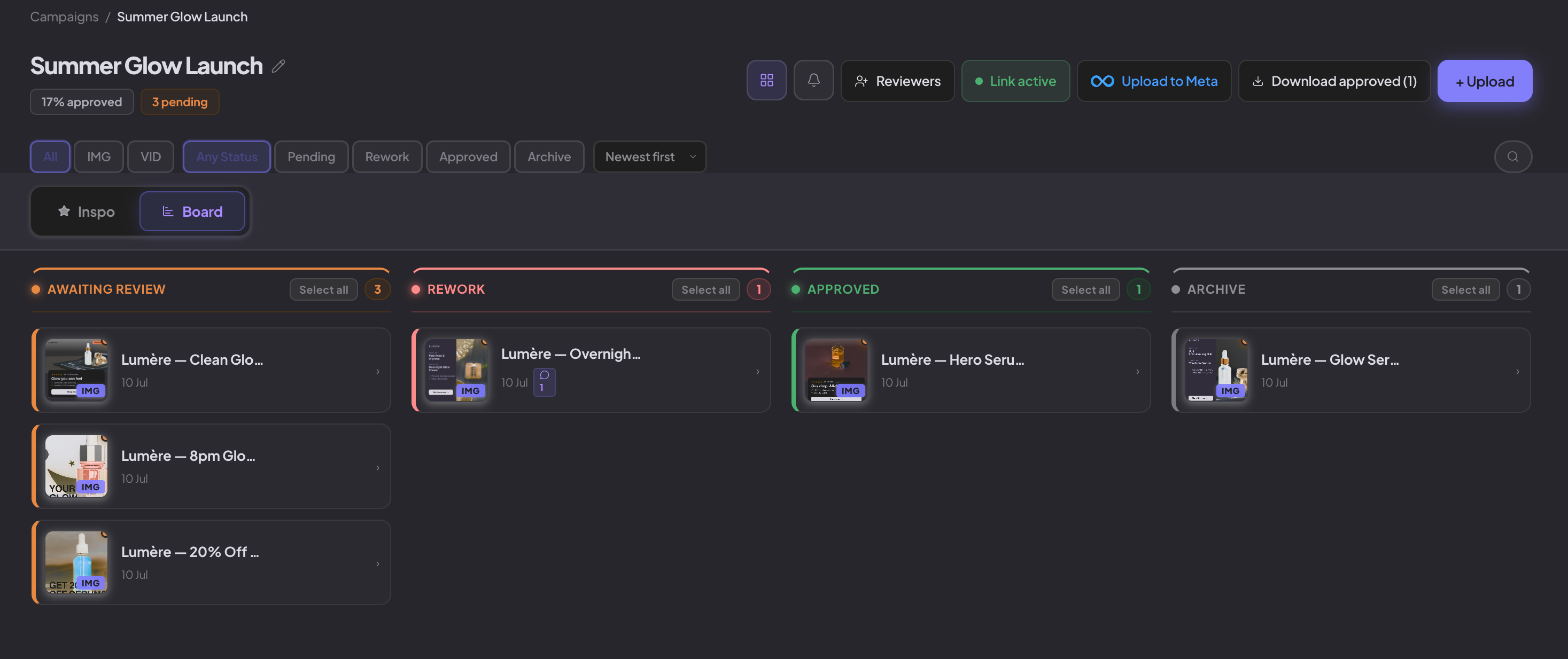 Approval board, share link ready