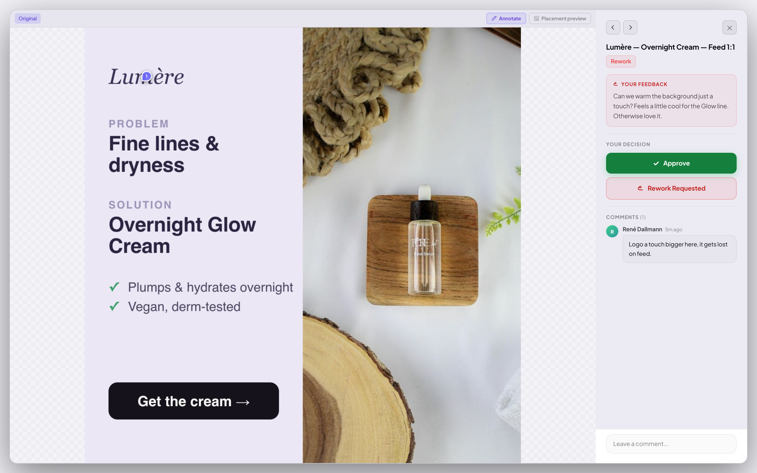 Annotation and rework decision — Overnight Cream