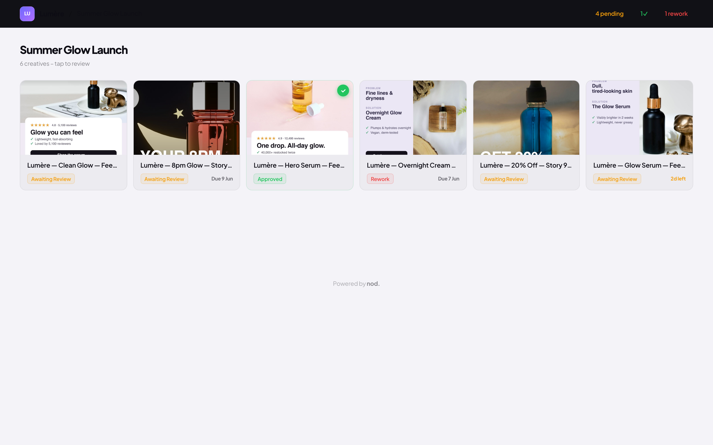 The nod. client review gallery showing the ‘Summer Glow Launch’ campaign with six creatives and their approval status