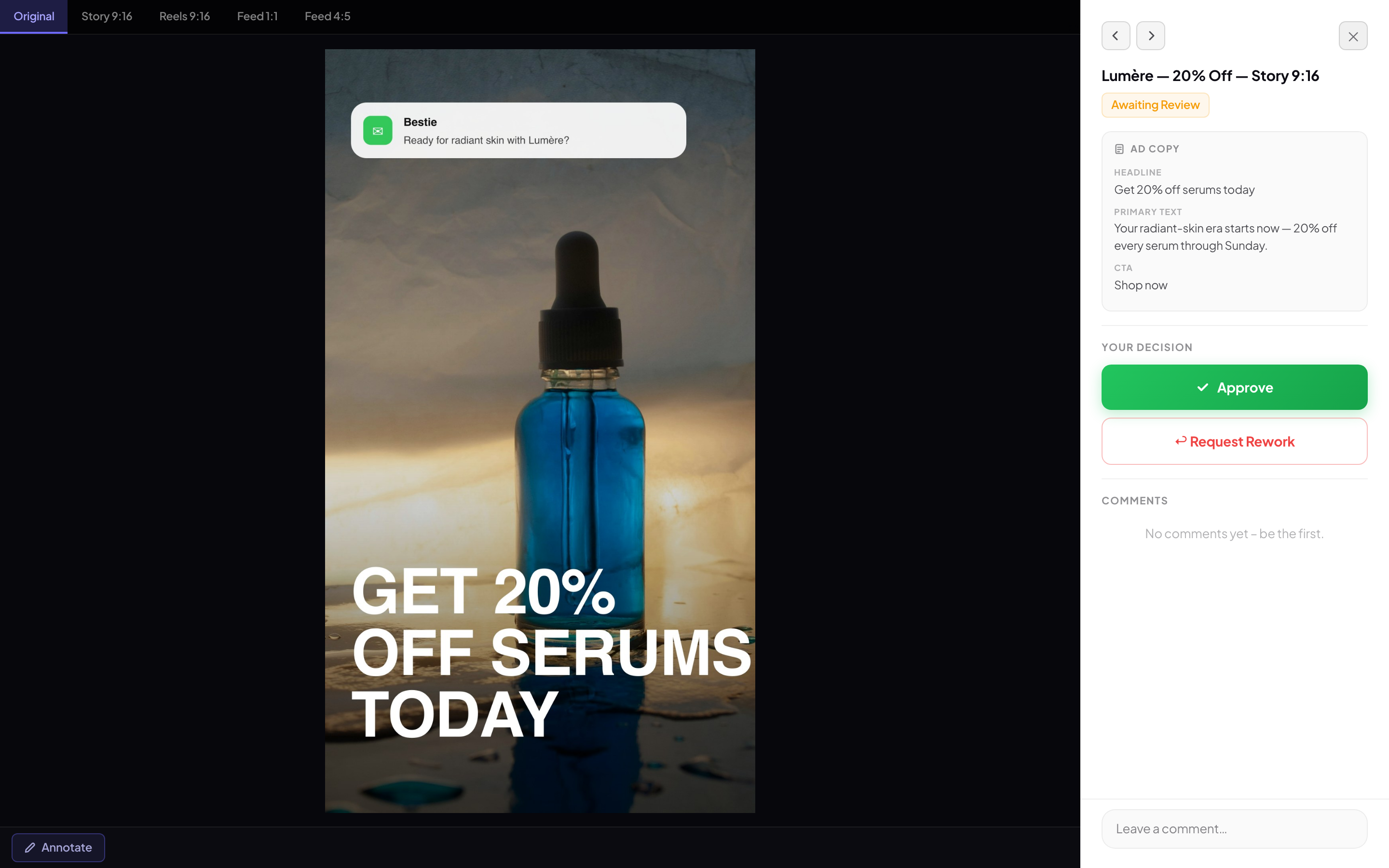 A 9:16 Lumère ‘20% off serums’ offer creative awaiting review, with Approve and Request rework buttons