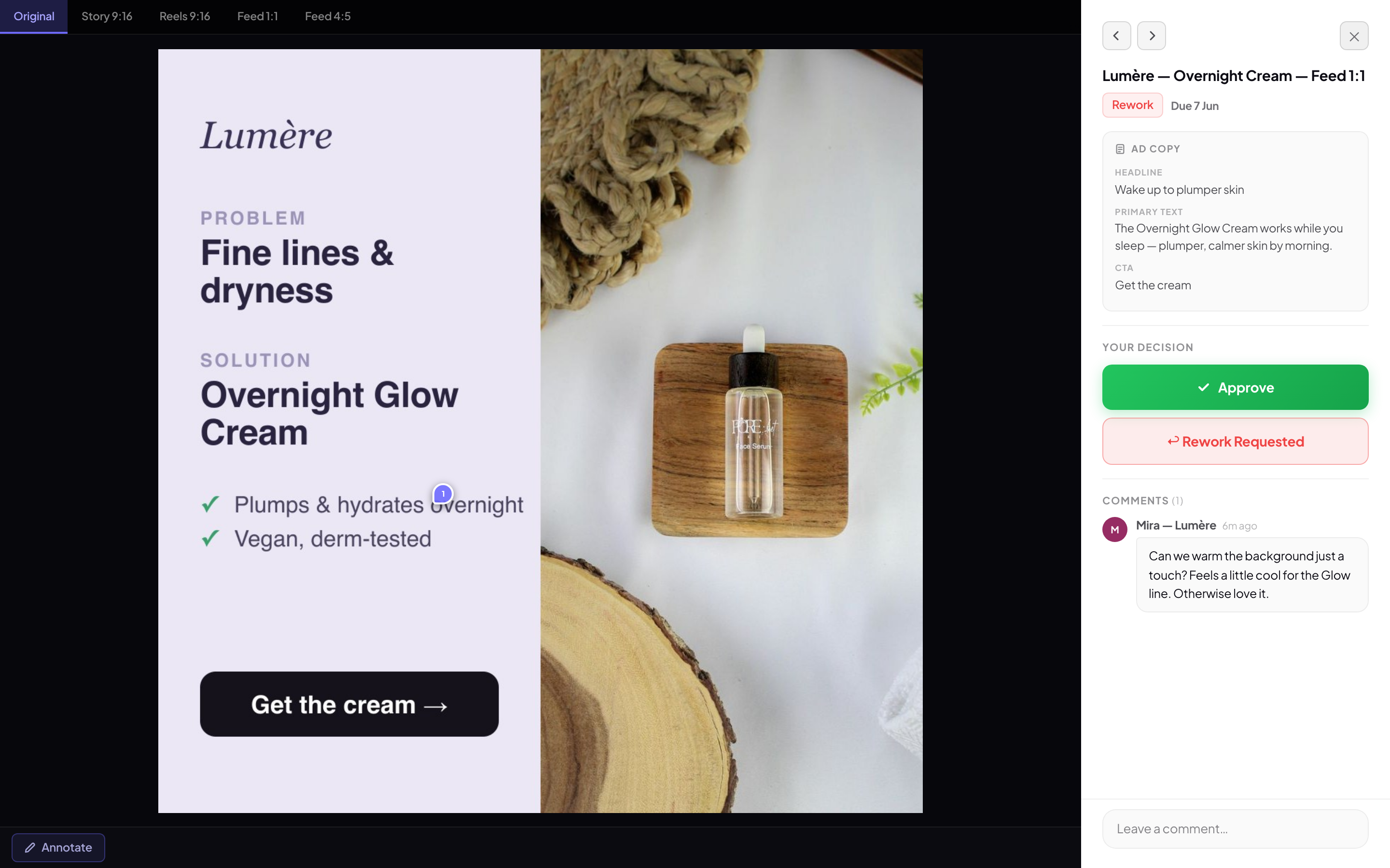 A Lumère ‘Overnight Glow Cream’ ad in the nod. client review view, with a pinned comment and one-click Approve